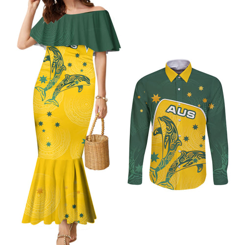 Australia National Swimming Couples Matching Mermaid Dress and Long Sleeve Button Shirt Tribal Dolphin Indigenous Pattern Art