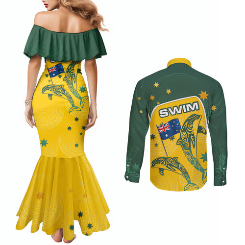 Australia National Swimming Couples Matching Mermaid Dress and Long Sleeve Button Shirt Tribal Dolphin Indigenous Pattern Art