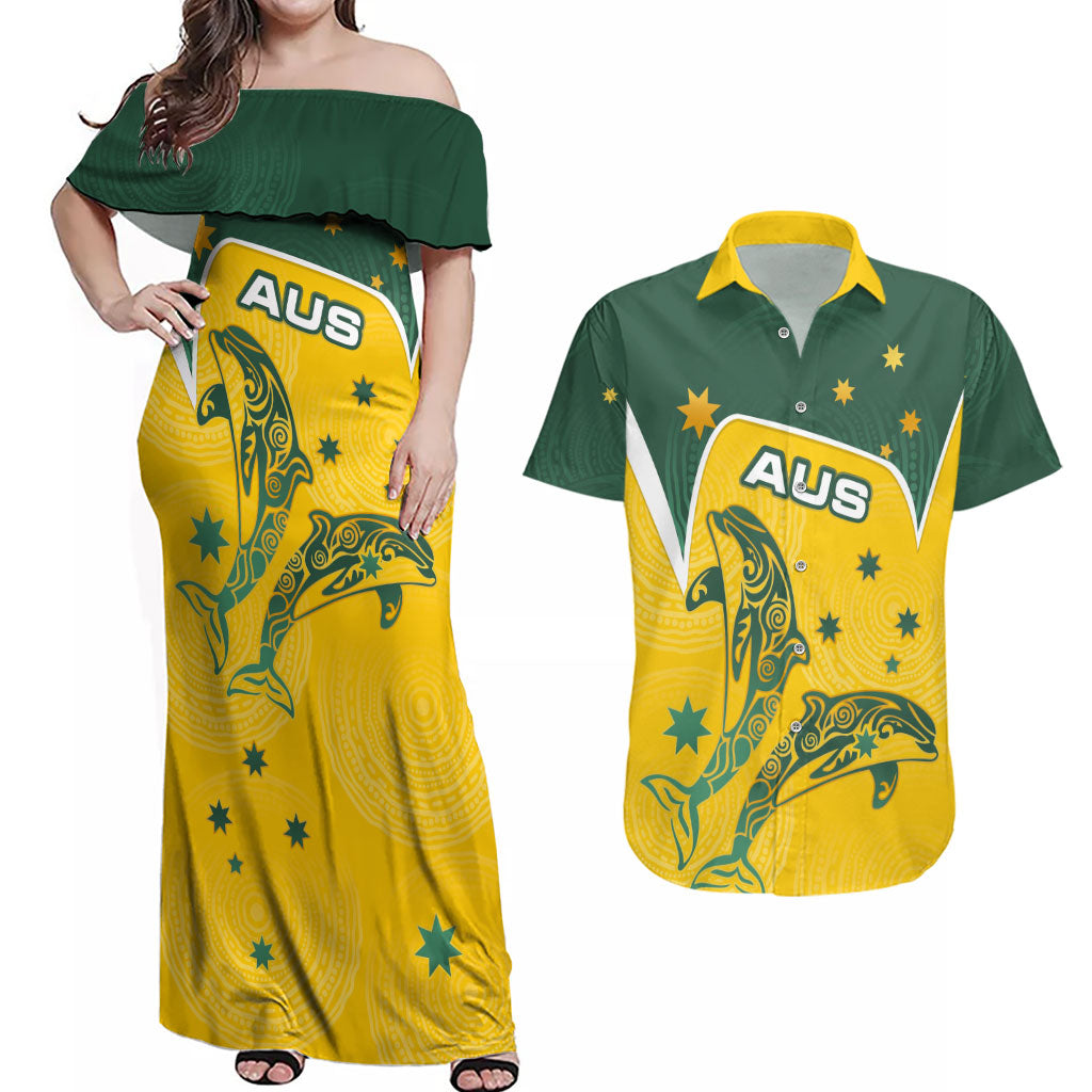 Australia National Swimming Couples Matching Off Shoulder Maxi Dress and Hawaiian Shirt Tribal Dolphin Indigenous Pattern Art