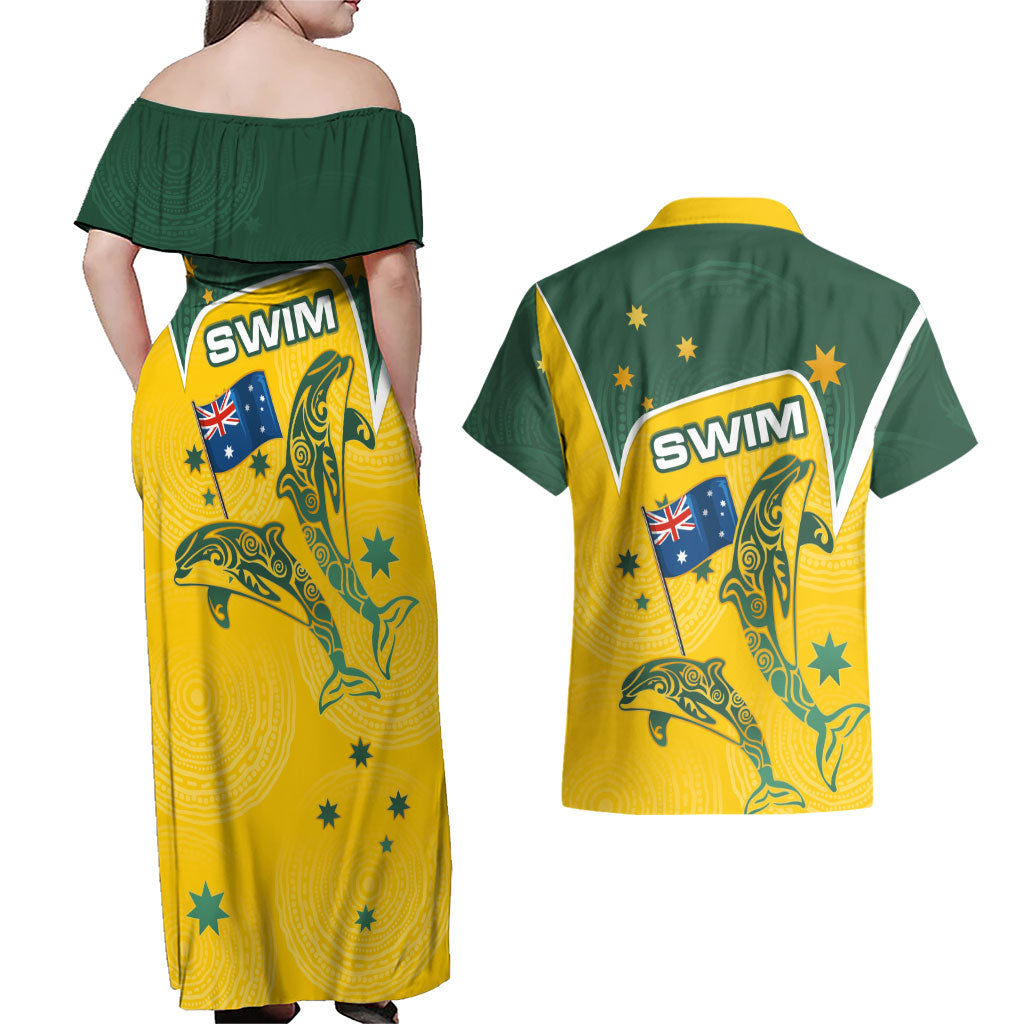 Australia National Swimming Couples Matching Off Shoulder Maxi Dress and Hawaiian Shirt Tribal Dolphin Indigenous Pattern Art