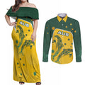 Australia National Swimming Couples Matching Off Shoulder Maxi Dress and Long Sleeve Button Shirt Tribal Dolphin Indigenous Pattern Art