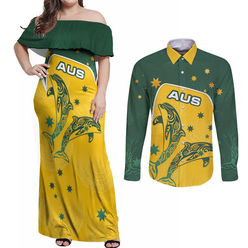 Australia National Swimming Couples Matching Off Shoulder Maxi Dress and Long Sleeve Button Shirt Tribal Dolphin Indigenous Pattern Art