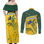 Australia National Swimming Couples Matching Off Shoulder Maxi Dress and Long Sleeve Button Shirt Tribal Dolphin Indigenous Pattern Art