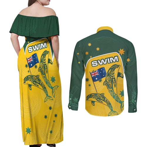 Australia National Swimming Couples Matching Off Shoulder Maxi Dress and Long Sleeve Button Shirt Tribal Dolphin Indigenous Pattern Art