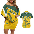 Australia National Swimming Couples Matching Off Shoulder Short Dress and Hawaiian Shirt Tribal Dolphin Indigenous Pattern Art