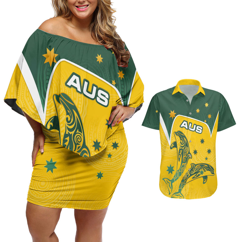 Australia National Swimming Couples Matching Off Shoulder Short Dress and Hawaiian Shirt Tribal Dolphin Indigenous Pattern Art
