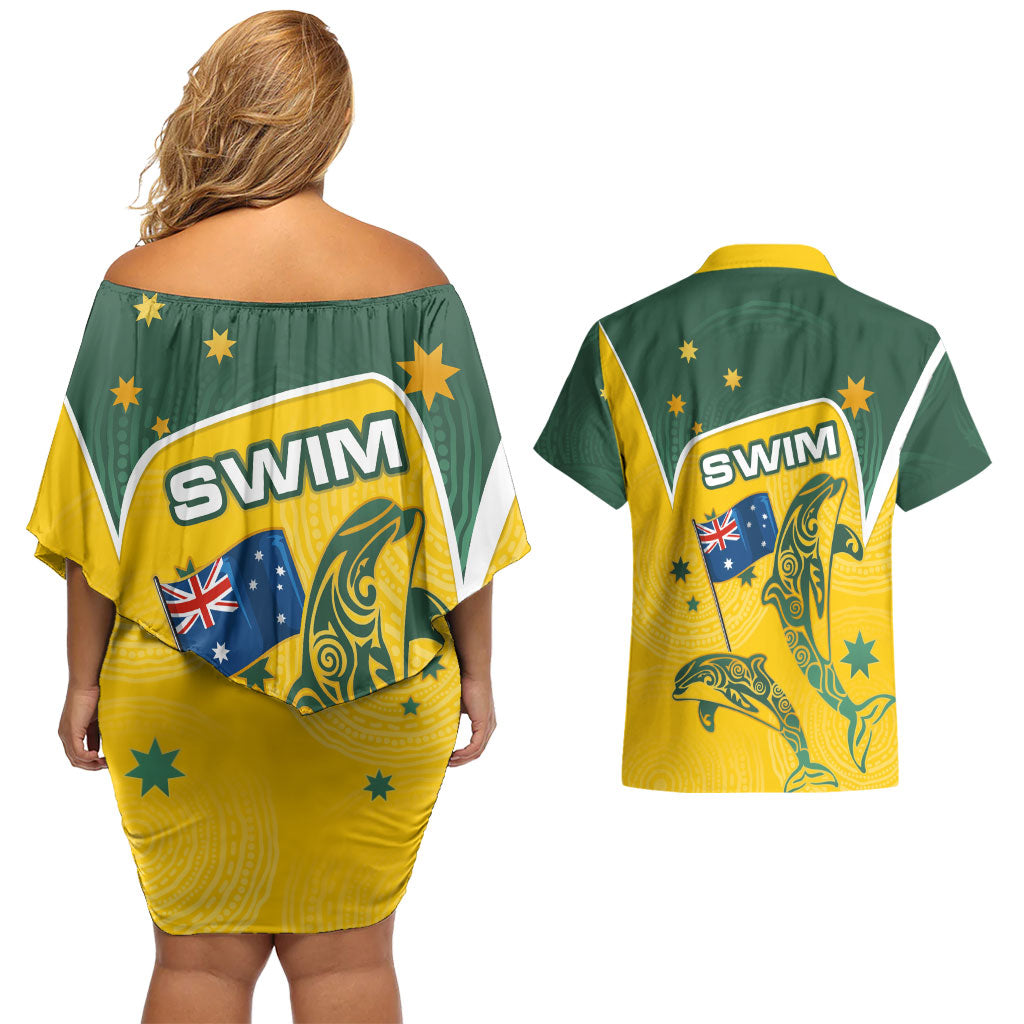 Australia National Swimming Couples Matching Off Shoulder Short Dress and Hawaiian Shirt Tribal Dolphin Indigenous Pattern Art
