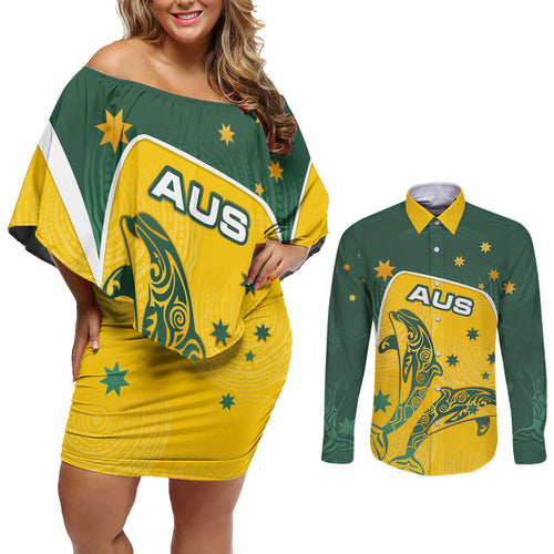 Australia National Swimming Couples Matching Off Shoulder Short Dress and Long Sleeve Button Shirt Tribal Dolphin Indigenous Pattern Art
