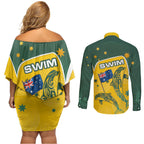 Australia National Swimming Couples Matching Off Shoulder Short Dress and Long Sleeve Button Shirt Tribal Dolphin Indigenous Pattern Art