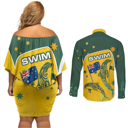 Australia National Swimming Couples Matching Off Shoulder Short Dress and Long Sleeve Button Shirt Tribal Dolphin Indigenous Pattern Art