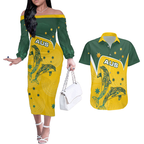 Australia National Swimming Couples Matching Off The Shoulder Long Sleeve Dress and Hawaiian Shirt Tribal Dolphin Indigenous Pattern Art