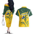 Australia National Swimming Couples Matching Off The Shoulder Long Sleeve Dress and Hawaiian Shirt Tribal Dolphin Indigenous Pattern Art