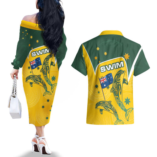 Australia National Swimming Couples Matching Off The Shoulder Long Sleeve Dress and Hawaiian Shirt Tribal Dolphin Indigenous Pattern Art