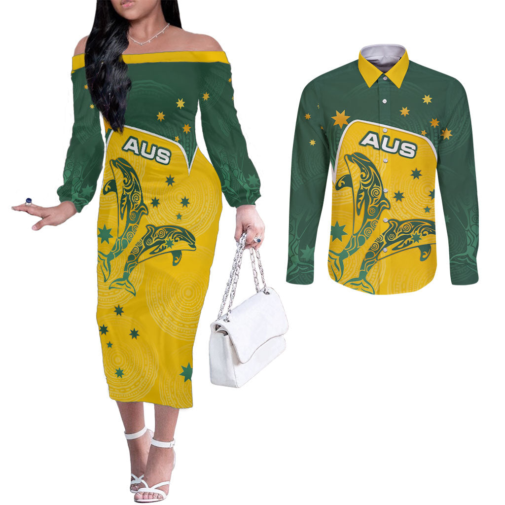 Australia National Swimming Couples Matching Off The Shoulder Long Sleeve Dress and Long Sleeve Button Shirt Tribal Dolphin Indigenous Pattern Art