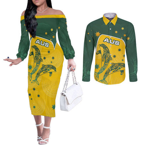 Australia National Swimming Couples Matching Off The Shoulder Long Sleeve Dress and Long Sleeve Button Shirt Tribal Dolphin Indigenous Pattern Art
