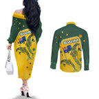 Australia National Swimming Couples Matching Off The Shoulder Long Sleeve Dress and Long Sleeve Button Shirt Tribal Dolphin Indigenous Pattern Art