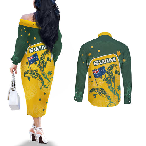 Australia National Swimming Couples Matching Off The Shoulder Long Sleeve Dress and Long Sleeve Button Shirt Tribal Dolphin Indigenous Pattern Art