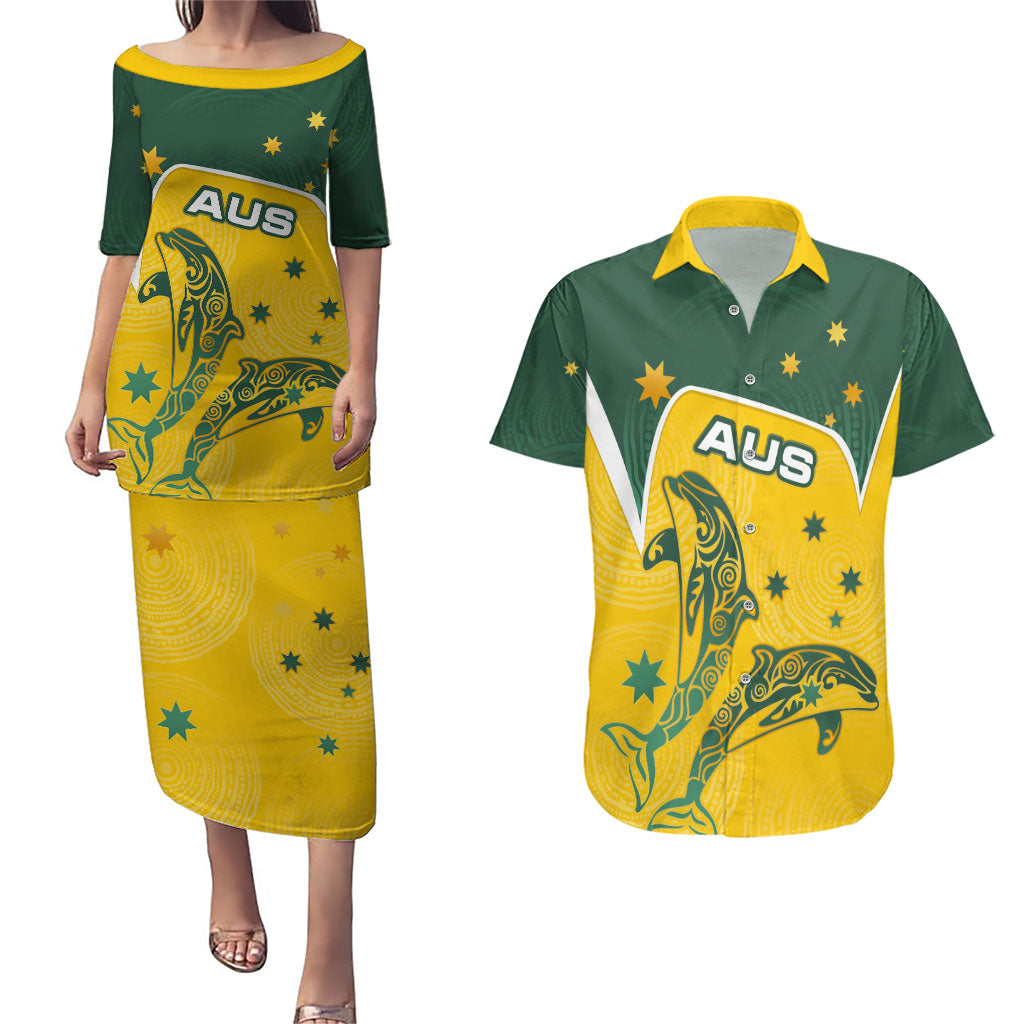 Australia National Swimming Couples Matching Puletasi and Hawaiian Shirt Tribal Dolphin Indigenous Pattern Art