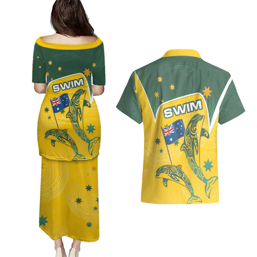 Australia National Swimming Couples Matching Puletasi and Hawaiian Shirt Tribal Dolphin Indigenous Pattern Art