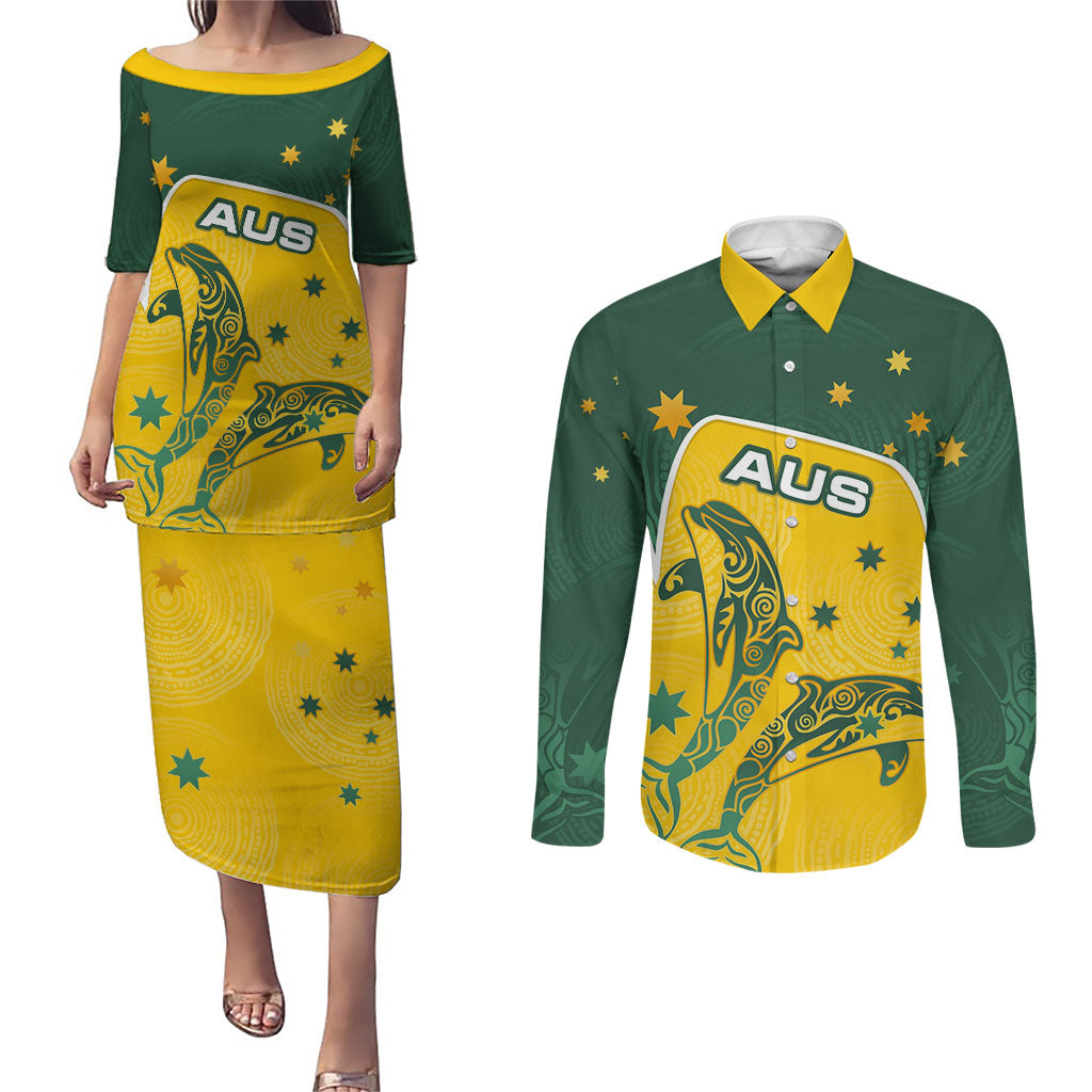 Australia National Swimming Couples Matching Puletasi and Long Sleeve Button Shirt Tribal Dolphin Indigenous Pattern Art