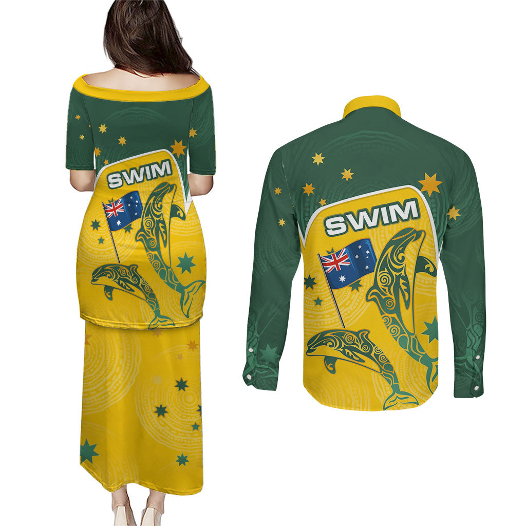 Australia National Swimming Couples Matching Puletasi and Long Sleeve Button Shirt Tribal Dolphin Indigenous Pattern Art