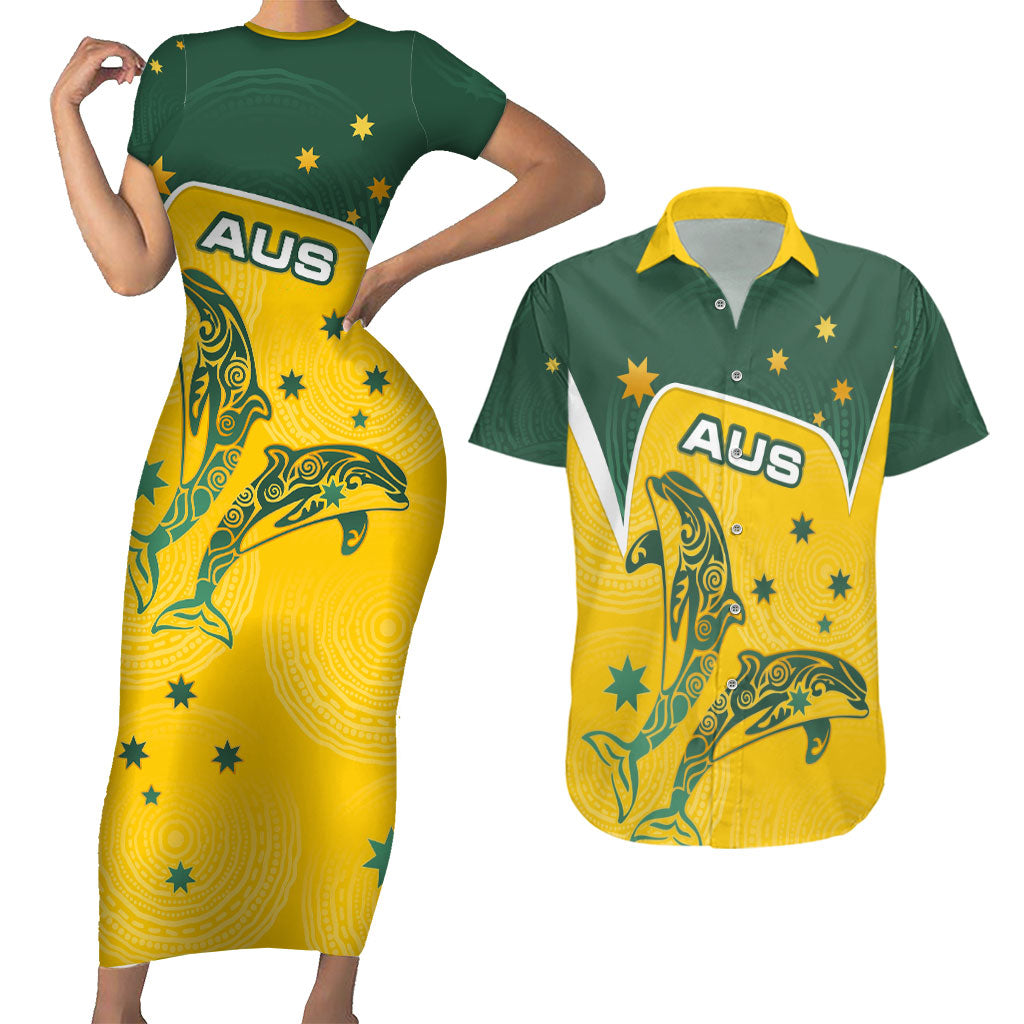 Australia National Swimming Couples Matching Short Sleeve Bodycon Dress and Hawaiian Shirt Tribal Dolphin Indigenous Pattern Art