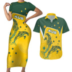 Australia National Swimming Couples Matching Short Sleeve Bodycon Dress and Hawaiian Shirt Tribal Dolphin Indigenous Pattern Art
