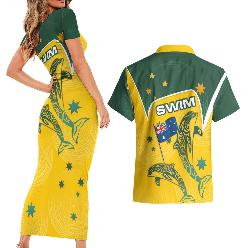 Australia National Swimming Couples Matching Short Sleeve Bodycon Dress and Hawaiian Shirt Tribal Dolphin Indigenous Pattern Art