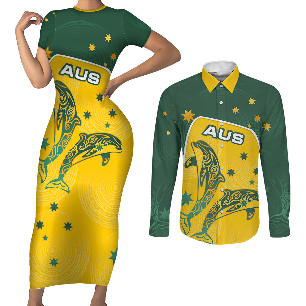 Australia National Swimming Couples Matching Short Sleeve Bodycon Dress and Long Sleeve Button Shirt Tribal Dolphin Indigenous Pattern Art