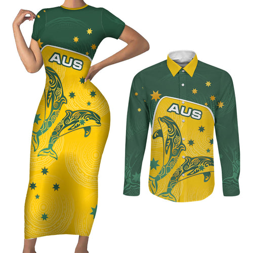 Australia National Swimming Couples Matching Short Sleeve Bodycon Dress and Long Sleeve Button Shirt Tribal Dolphin Indigenous Pattern Art