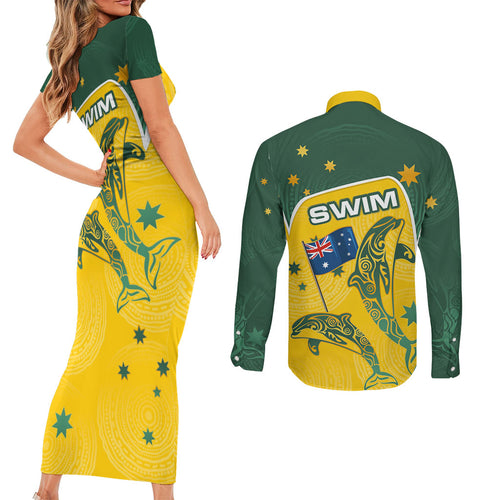 Australia National Swimming Couples Matching Short Sleeve Bodycon Dress and Long Sleeve Button Shirt Tribal Dolphin Indigenous Pattern Art
