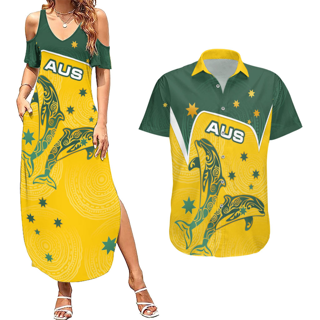 Australia National Swimming Couples Matching Summer Maxi Dress and Hawaiian Shirt Tribal Dolphin Indigenous Pattern Art