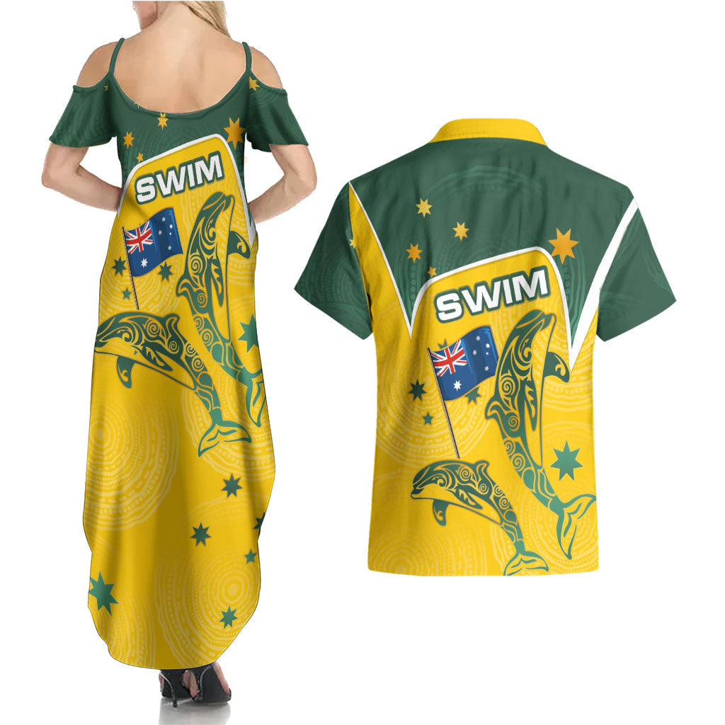Australia National Swimming Couples Matching Summer Maxi Dress and Hawaiian Shirt Tribal Dolphin Indigenous Pattern Art