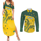Australia National Swimming Couples Matching Summer Maxi Dress and Long Sleeve Button Shirt Tribal Dolphin Indigenous Pattern Art