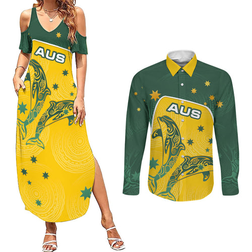 Australia National Swimming Couples Matching Summer Maxi Dress and Long Sleeve Button Shirt Tribal Dolphin Indigenous Pattern Art