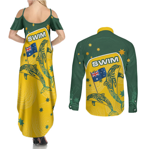 Australia National Swimming Couples Matching Summer Maxi Dress and Long Sleeve Button Shirt Tribal Dolphin Indigenous Pattern Art