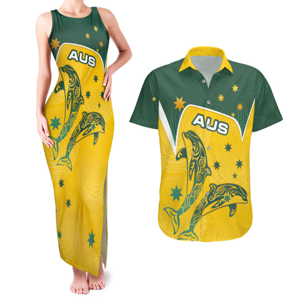 Australia National Swimming Couples Matching Tank Maxi Dress and Hawaiian Shirt Tribal Dolphin Indigenous Pattern Art