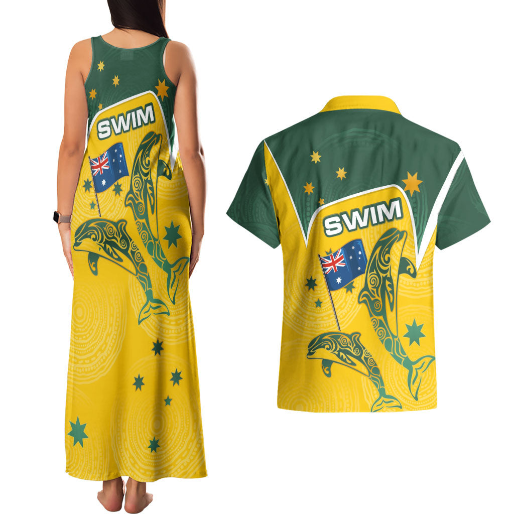 Australia National Swimming Couples Matching Tank Maxi Dress and Hawaiian Shirt Tribal Dolphin Indigenous Pattern Art