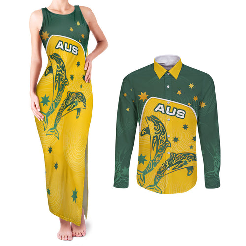 Australia National Swimming Couples Matching Tank Maxi Dress and Long Sleeve Button Shirt Tribal Dolphin Indigenous Pattern Art