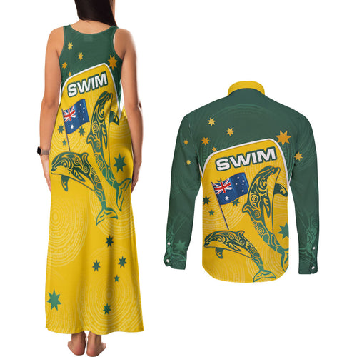 Australia National Swimming Couples Matching Tank Maxi Dress and Long Sleeve Button Shirt Tribal Dolphin Indigenous Pattern Art