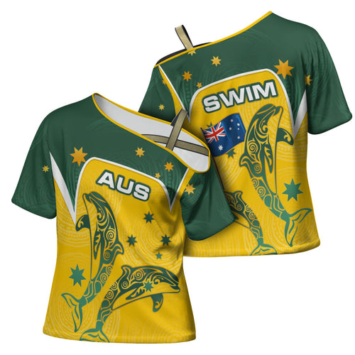 Australia National Swimming Cross Shoulder Shirt Tribal Dolphin Indigenous Pattern Art