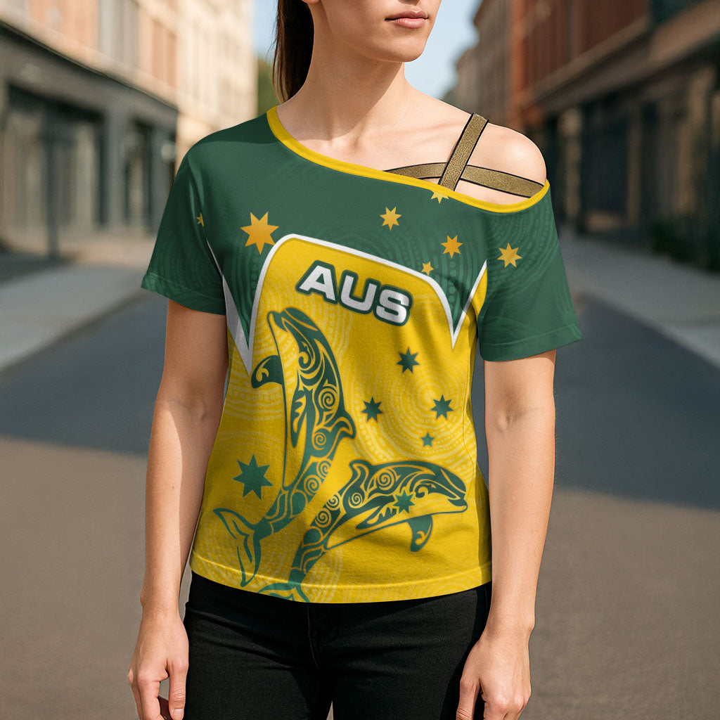 Australia National Swimming Cross Shoulder Shirt Tribal Dolphin Indigenous Pattern Art