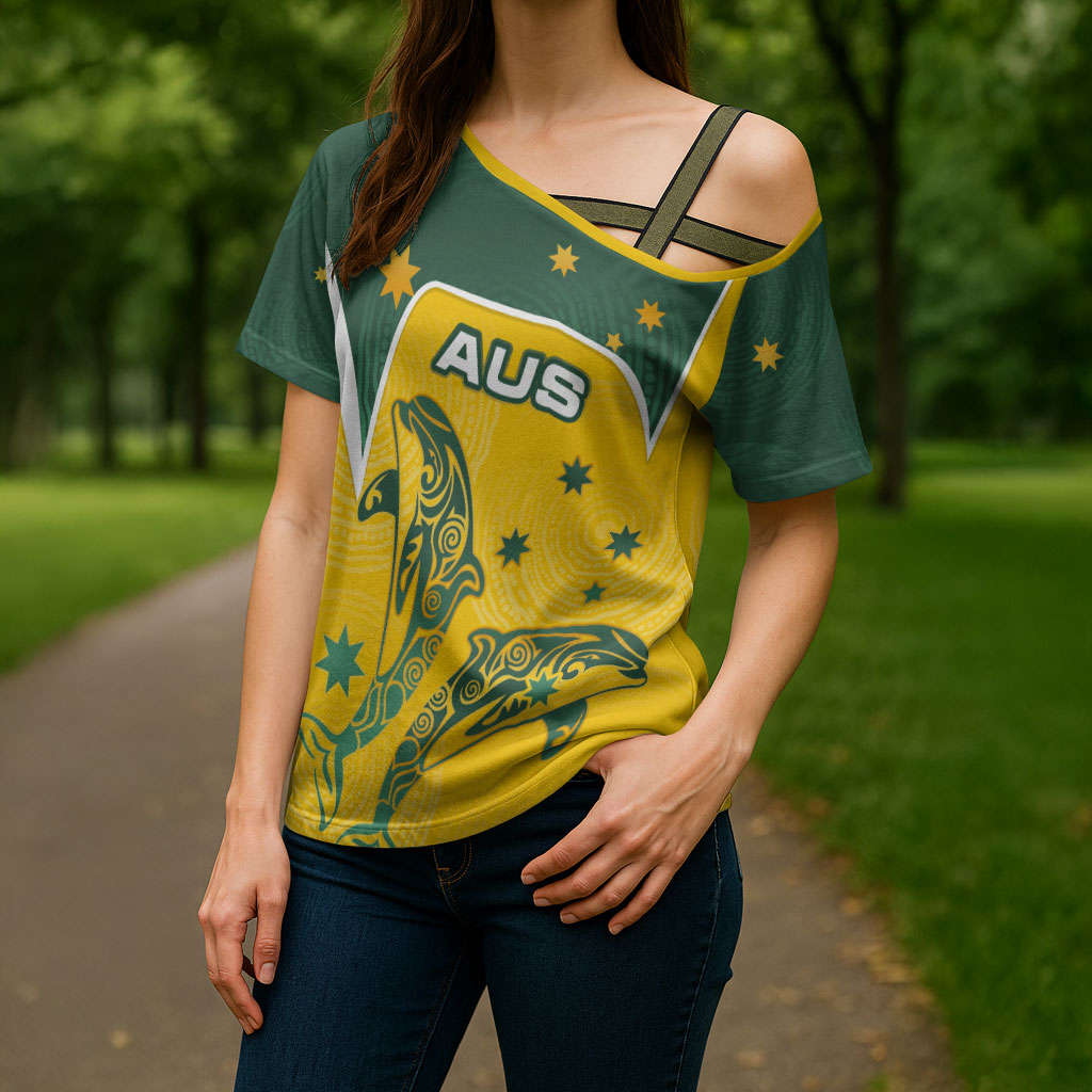 Australia National Swimming Cross Shoulder Shirt Tribal Dolphin Indigenous Pattern Art