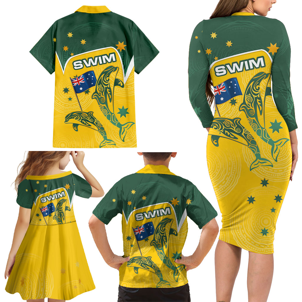 Australia National Swimming Family Matching Long Sleeve Bodycon Dress and Hawaiian Shirt Tribal Dolphin Indigenous Pattern Art