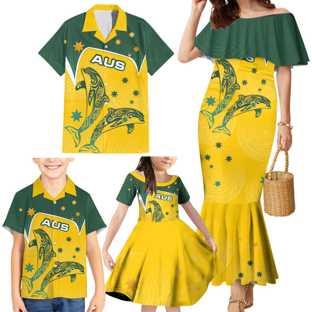 Australia National Swimming Family Matching Mermaid Dress and Hawaiian Shirt Tribal Dolphin Indigenous Pattern Art