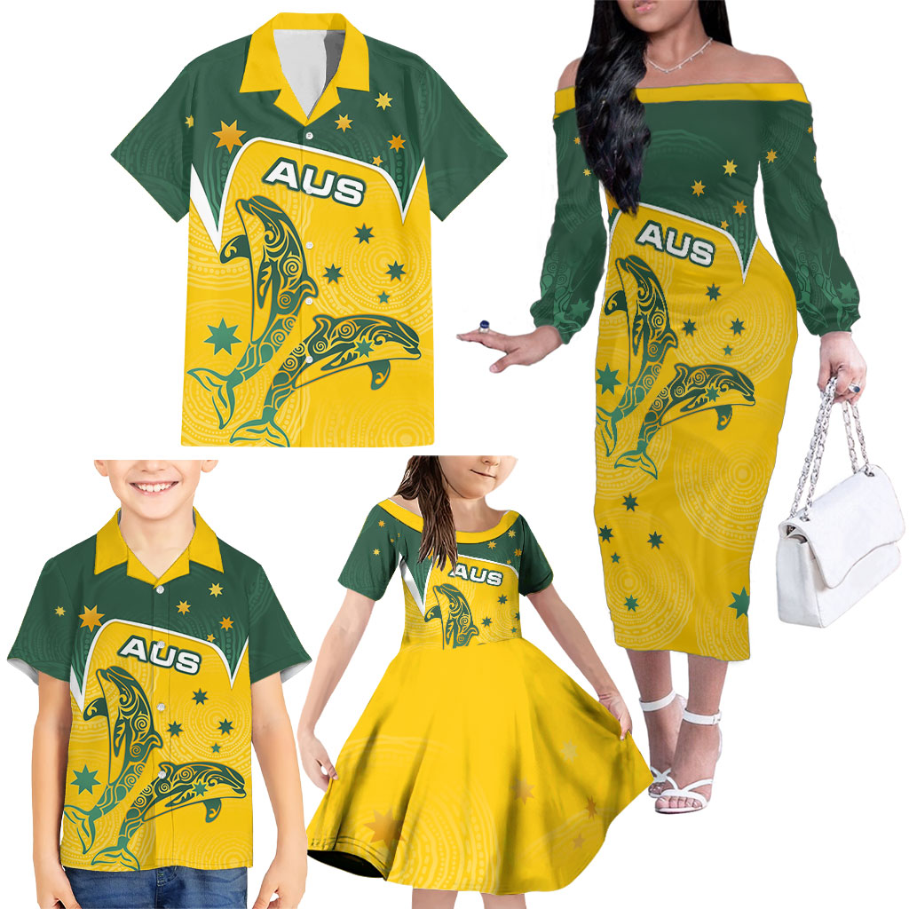 Australia National Swimming Family Matching Off The Shoulder Long Sleeve Dress and Hawaiian Shirt Tribal Dolphin Indigenous Pattern Art