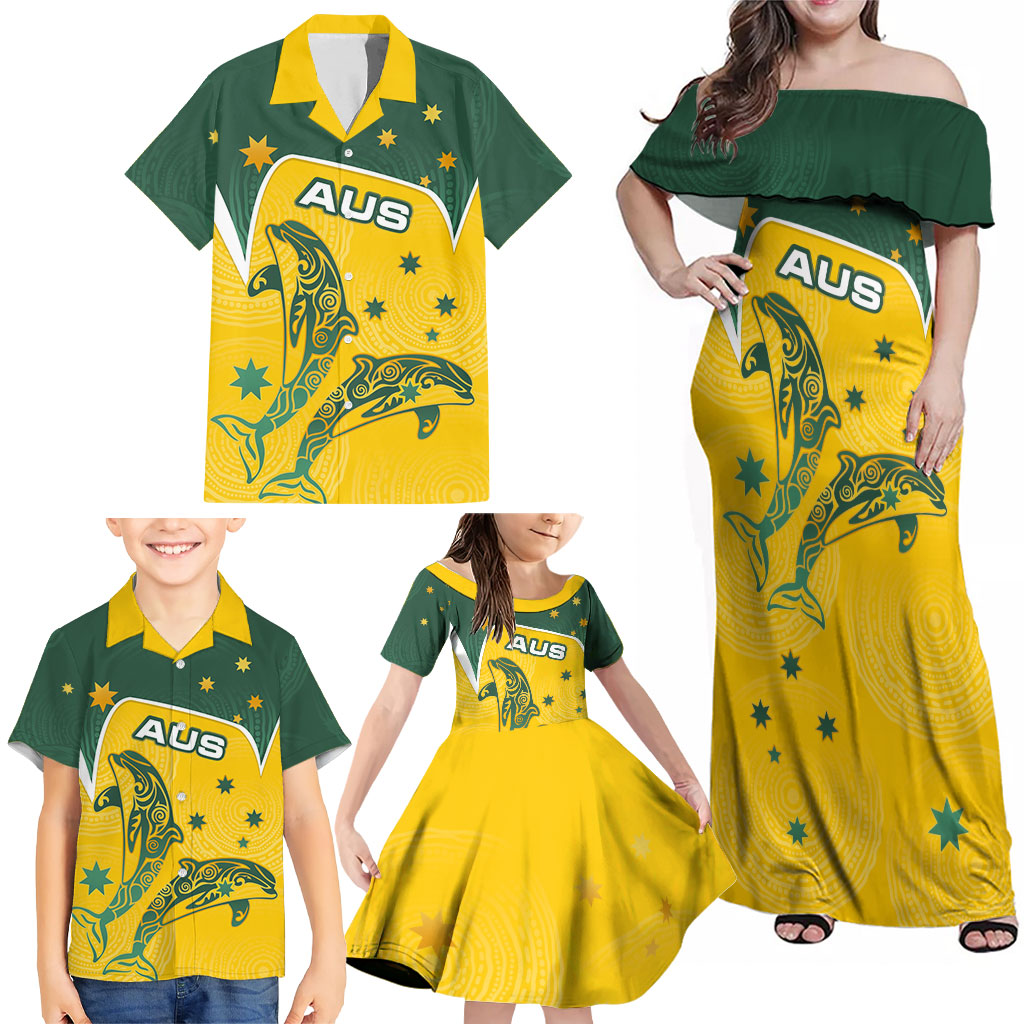 Australia National Swimming Family Matching Off Shoulder Maxi Dress and Hawaiian Shirt Tribal Dolphin Indigenous Pattern Art