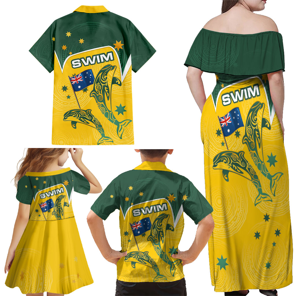 Australia National Swimming Family Matching Off Shoulder Maxi Dress and Hawaiian Shirt Tribal Dolphin Indigenous Pattern Art
