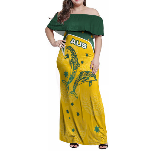 Australia National Swimming Family Matching Off Shoulder Maxi Dress and Hawaiian Shirt Tribal Dolphin Indigenous Pattern Art