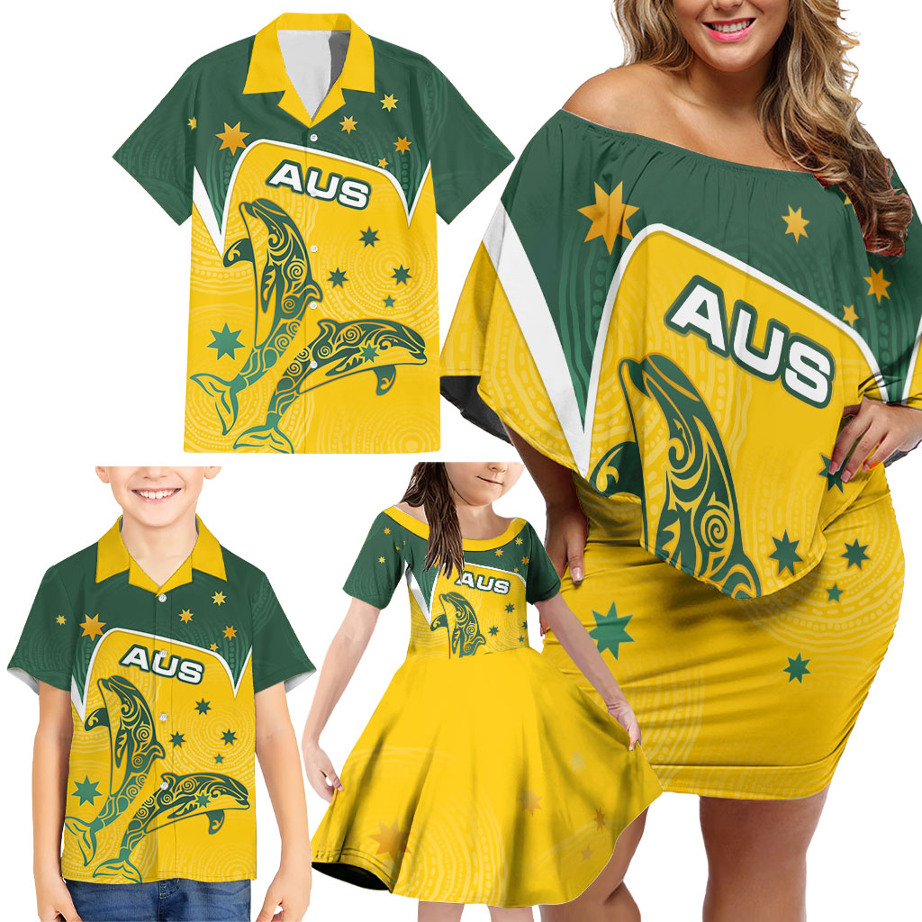 Australia National Swimming Family Matching Off Shoulder Short Dress and Hawaiian Shirt Tribal Dolphin Indigenous Pattern Art